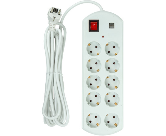 Мережевий фільтр PowerPlant 5м, 3x1.5мм2, 10А, 10 розеток, 2xUSB, євро, 100% мідь (YS-N6065/5) (EX610556)