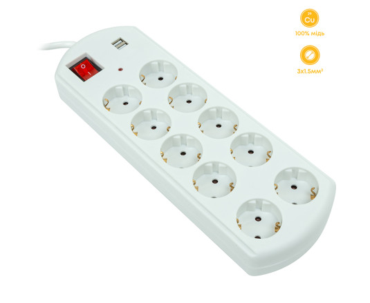 Мережевий фільтр PowerPlanМережевий фільтр PowerPlant 10м, 3x1.5мм2, 10А, 10 розеток, 2xUSB, євро, 100% мідь (YS-N6065/10)(EX610563)
