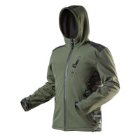 Neo Tools Work jacket Camo, softshell material, fleece lining, wind and waterproof, hood, L(52), olive