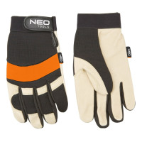 Neo Tools Work gloves, pigskin, neoprene, wrist fixation, size 10, black and white