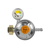 Gas reducer 30 mbar, 1.5 kg/h, with safety valve and pressure gauge for hose 9-10 mm, RG A310IE-484-M